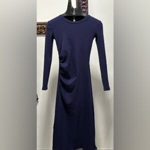 ZARA Blue Ribbed LongSleeve Long Dress, Stretch & Rushed On The Side Size S